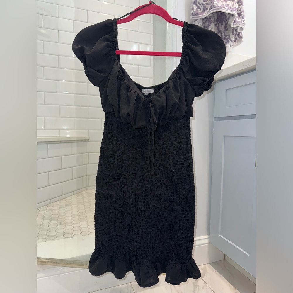Black mini ruched ruffle dress cute for gamedays